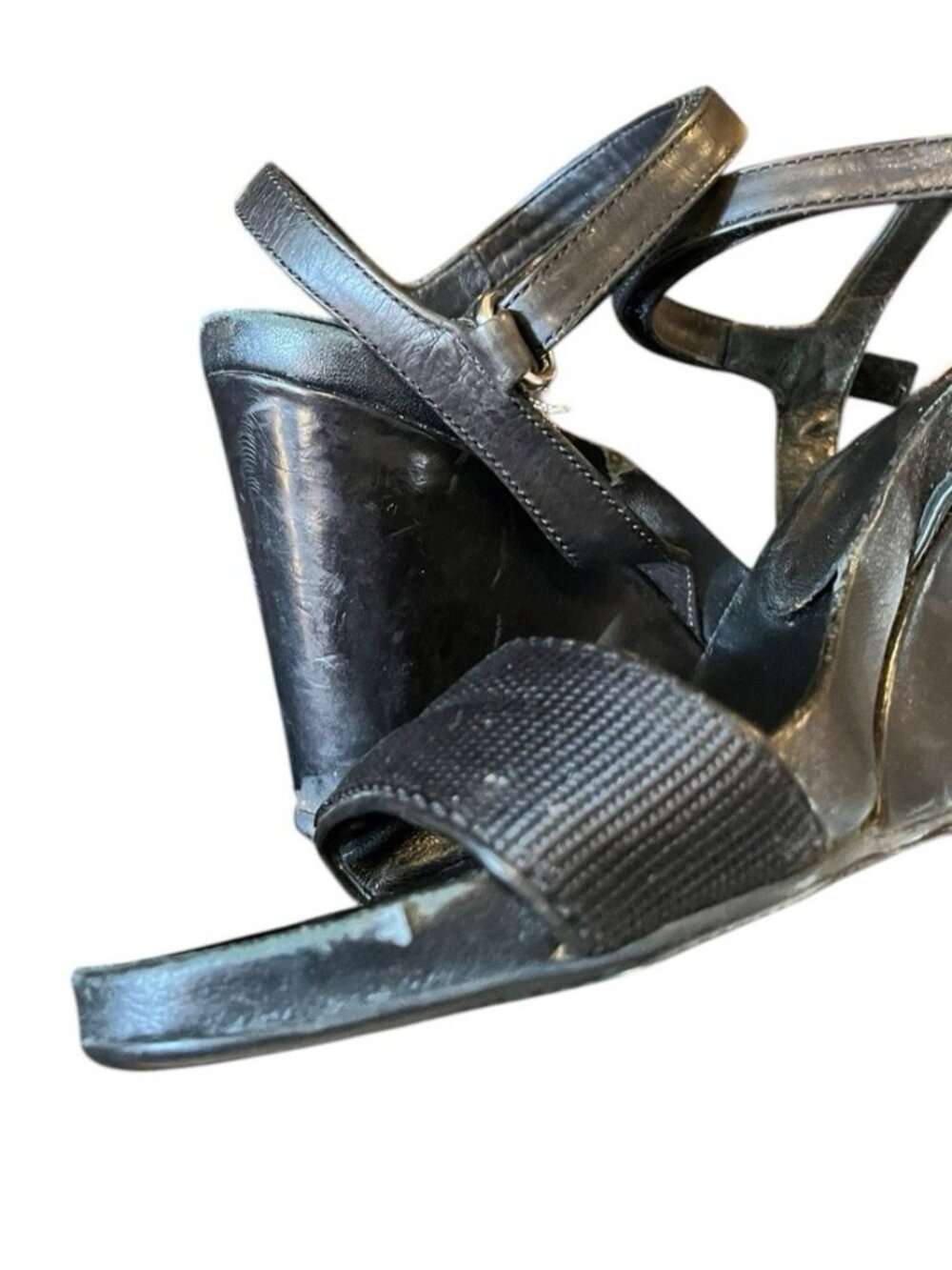 Prada Ladies Size 7.5 Black Leather Platform Sandals Block Heel  Ankle Strap Vtg - Picture 11 of 15